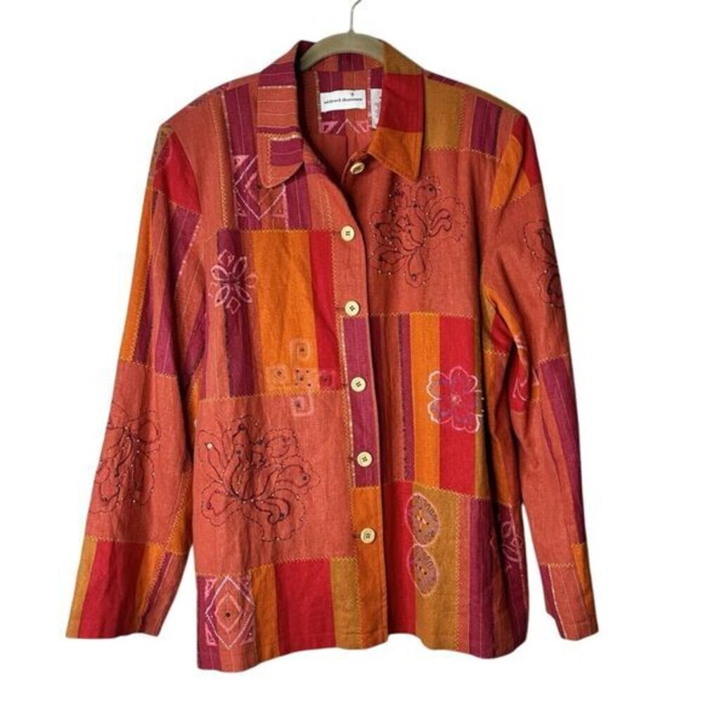 Alfred Dunner Patchwork‎ Linen Blazer Floral Embellished Button Front Jacket 18